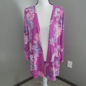 LuLaRoe Caroline Pink Purple Corals Cardigan Sweater Womens Medium 2019 Pockets